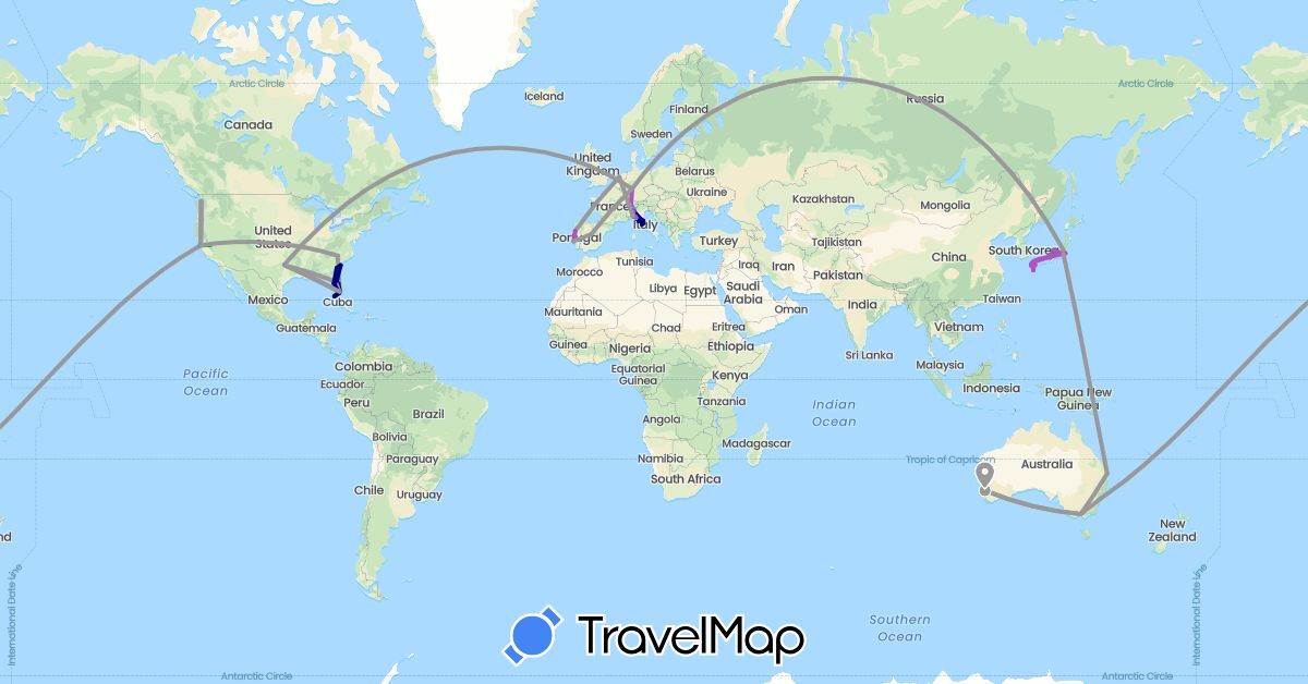 TravelMap itinerary: driving, bus, plane, train, hiking, boat in Australia, Switzerland, Germany, Spain, Finland, Italy, Japan, Netherlands, Portugal, United States (Asia, Europe, North America, Oceania)